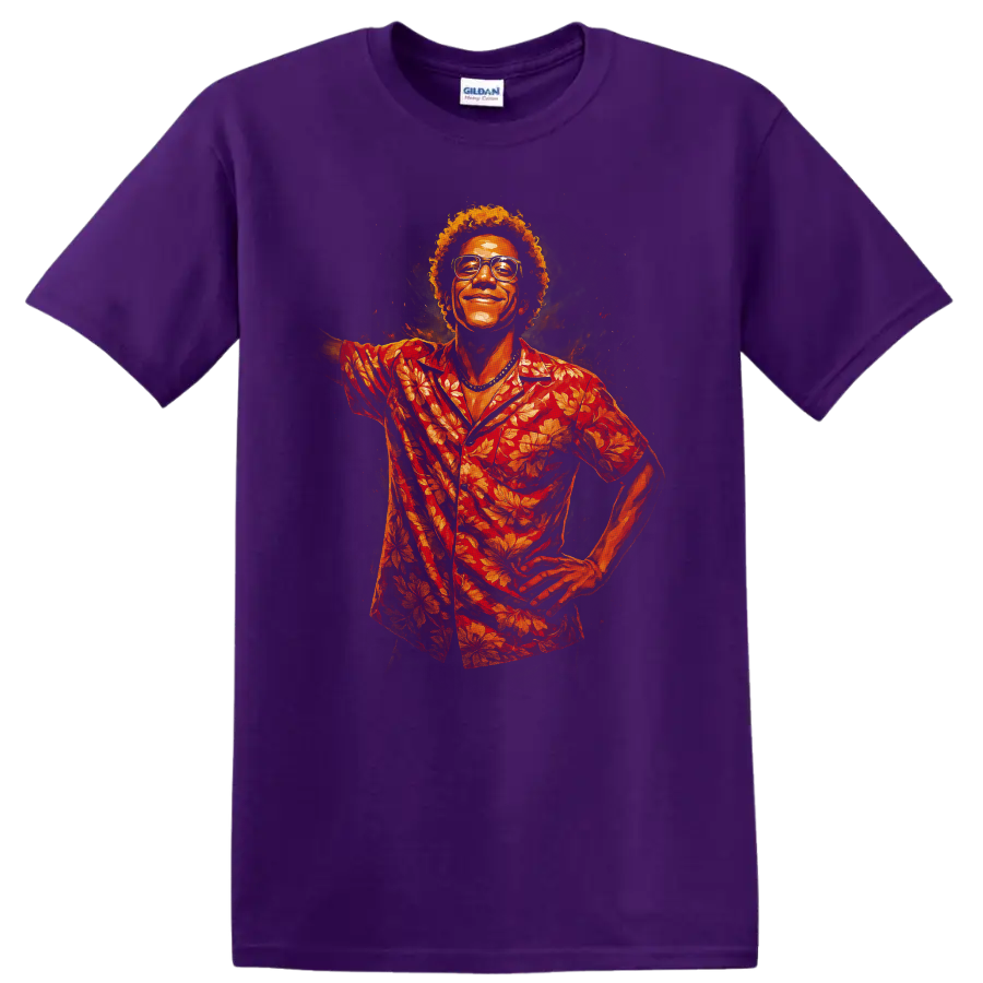 Cinematic portrait of smiling man in red floral shirt for Cidade de Deus City of God T Shirt on a Purple T Shirt