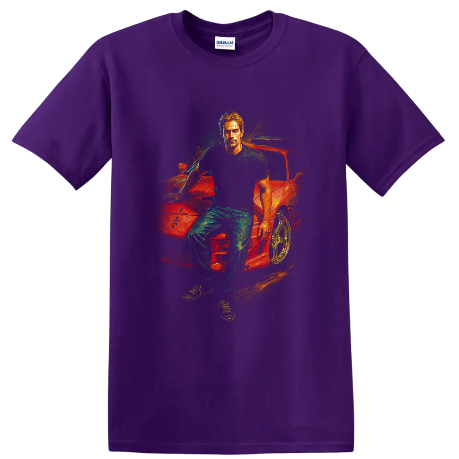 Movie-inspired artwork of a man leaning on a red sports car on a black T shirt on a Purple T Shirt