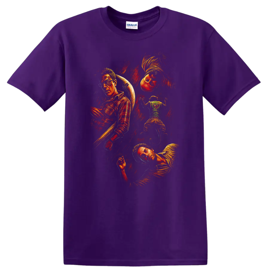 The Hangover movie collage artwork with multiple characters in vintage style T Shirt on a Purple T Shirt