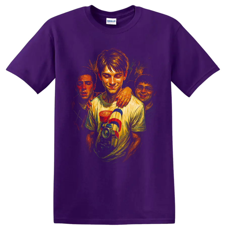 Stranger Things-inspired painted crew character graphic T shirt on a Purple T Shirt