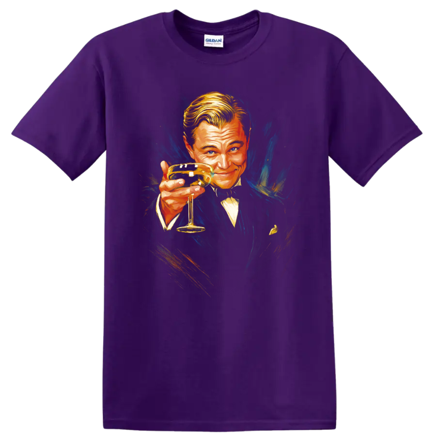 Vintage Great Gatsby portrait holding a champagne glass on a Purple T Shirt