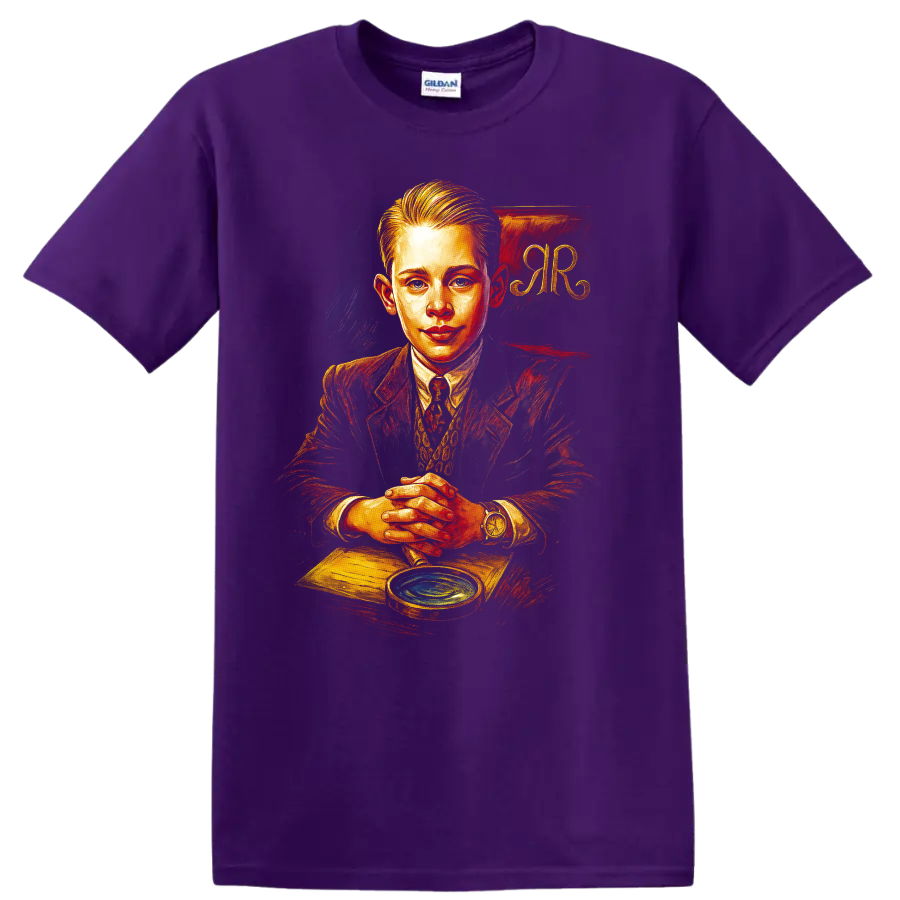 Richie Rich portrait in vintage painted style with RR background on T shirt on a Purple T Shirt
