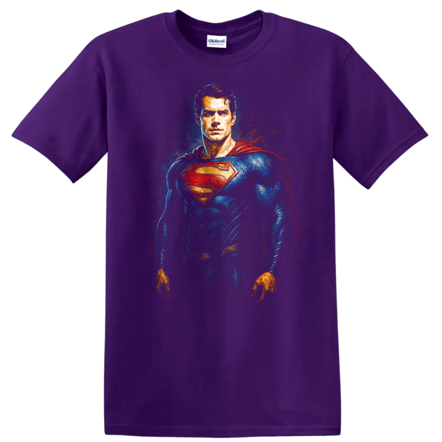 Superman in blue suit and red cape comic-style hero portrait T shirt on a Purple T Shirt