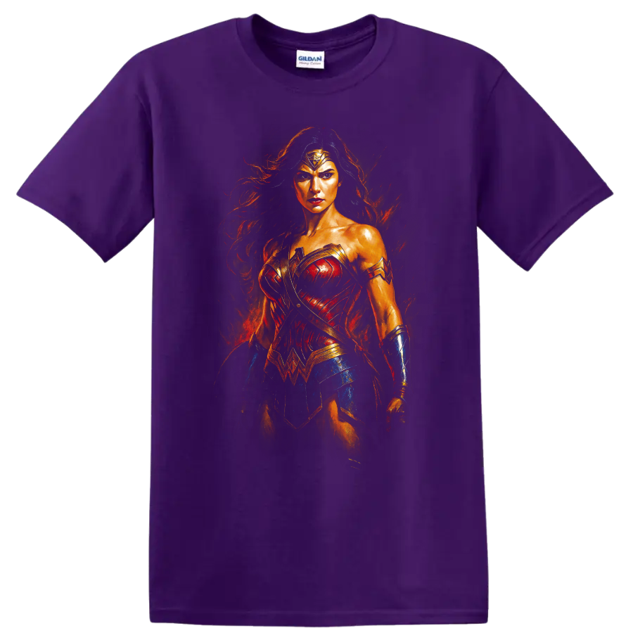 Wonder Woman fiery heroic portrait T Shirt design on a Purple T Shirt