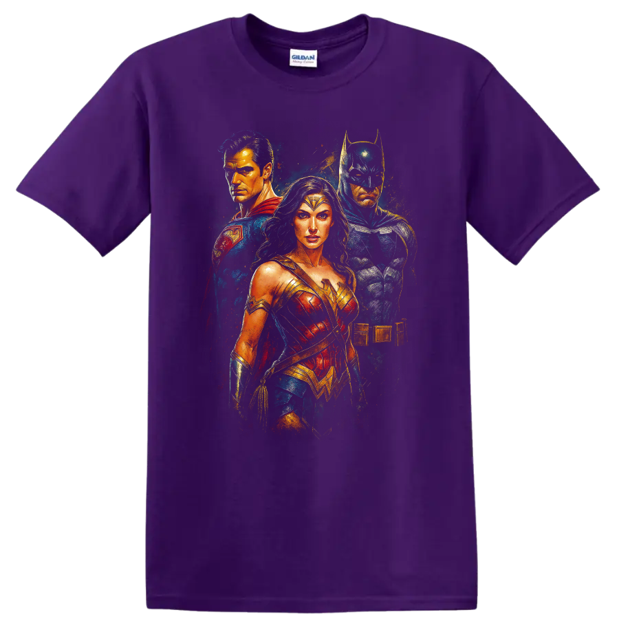 Cinematic Trinity-inspired hero trio portrait design on T shirt on a Purple T Shirt