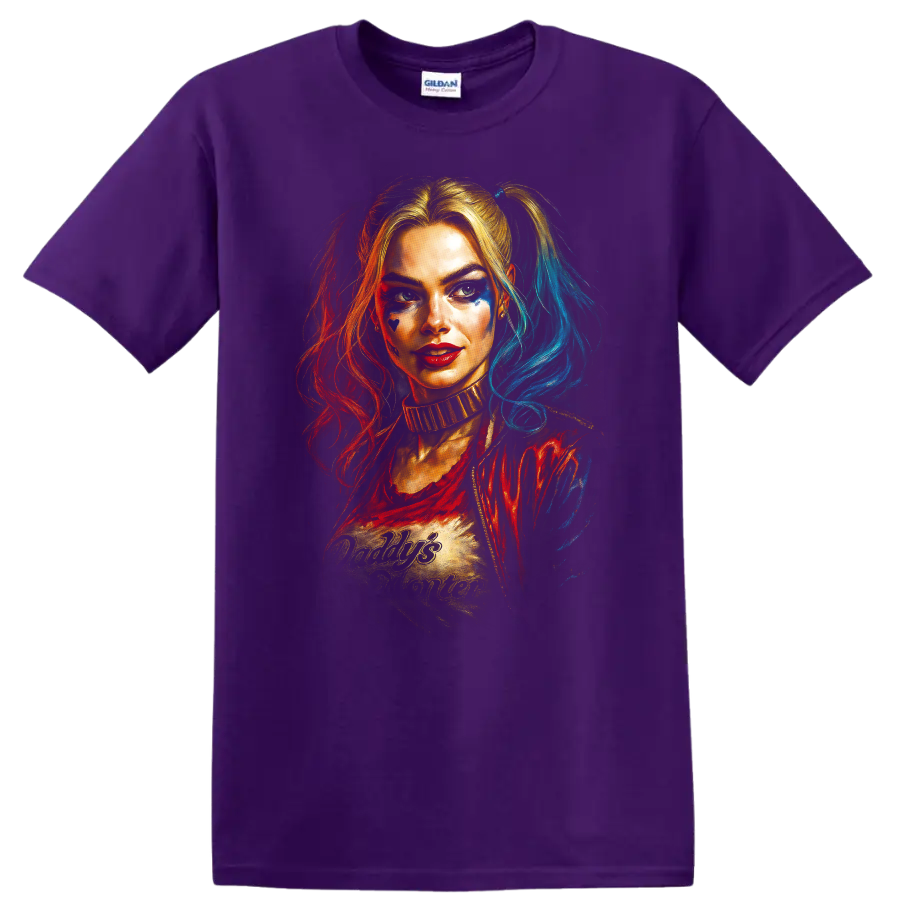 Harley Quinn portrait with Daddy's Lil Monster text Suicide Squad T Shirt on a Purple T Shirt