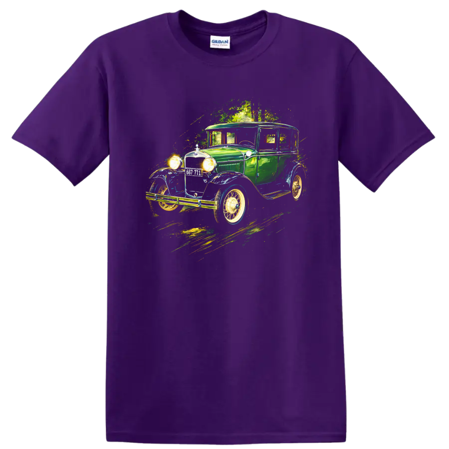 Green Ford Model A 1930 vintage car graphic print T-shirt on a Purple T Shirt