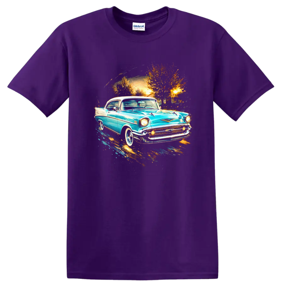 Turquoise 1957 Chevrolet Bel Air classic car graphic print with sunset backdrop on a Purple T Shirt