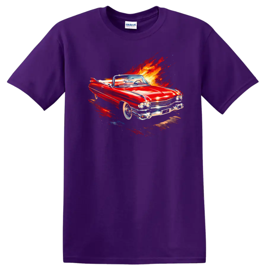 Red 1959 Cadillac Eldorado convertible with fiery motion graphic print on a Purple T Shirt