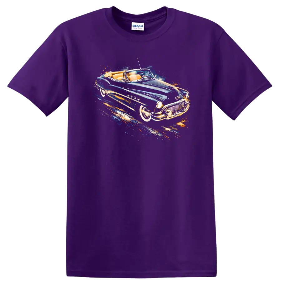 1951 Buick Super Convertible vintage car graphic print with blue and chrome details on a Purple T Shirt