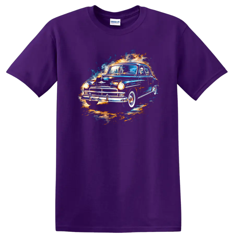 Watercolor Plymouth classic old car with blue and orange splash graphic print on a Purple T Shirt