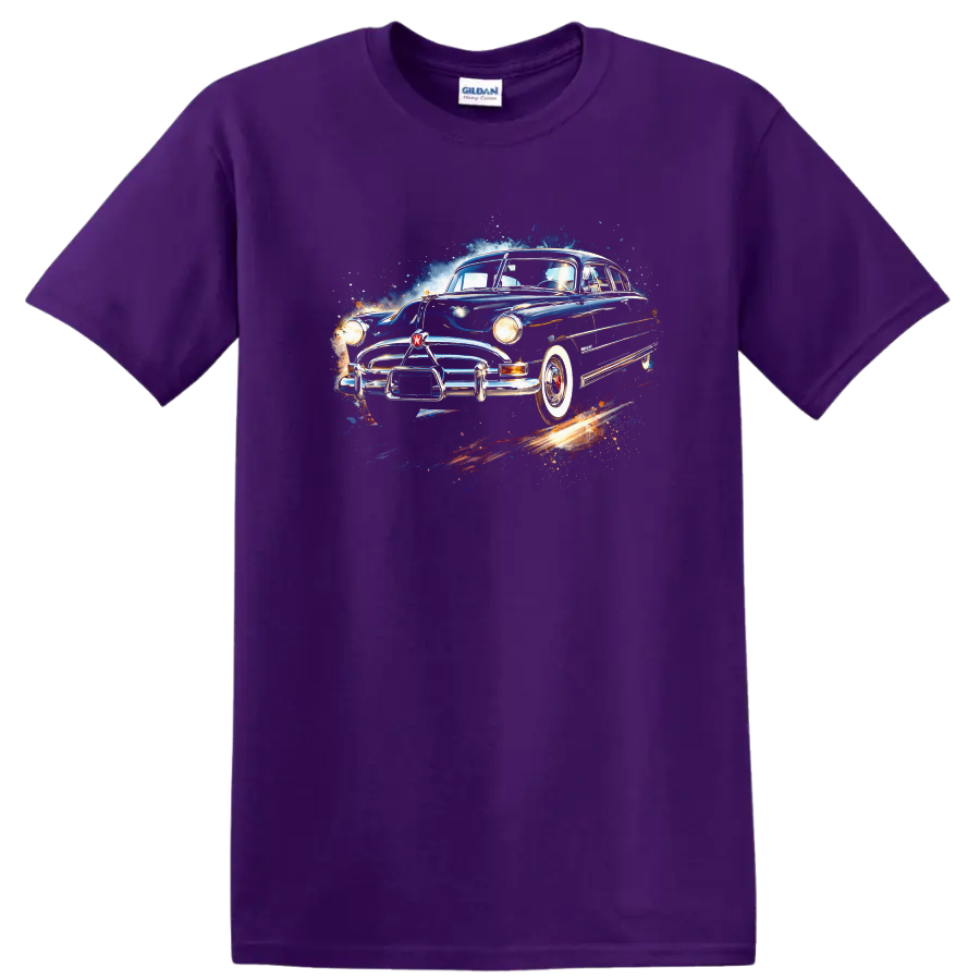 Classic Hudson Hornet old car graphic print with blue vintage racing design on a Purple T Shirt