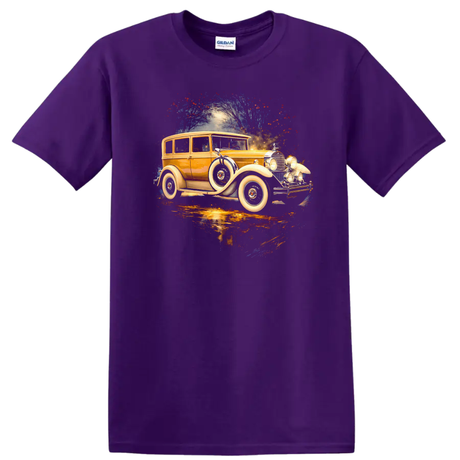 1928 Packard vintage car graphic print on T shirt on a Purple T Shirt