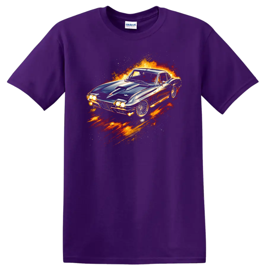 1963 Chevrolet Corvette Sting Ray flame graphic T shirt on a Purple T Shirt