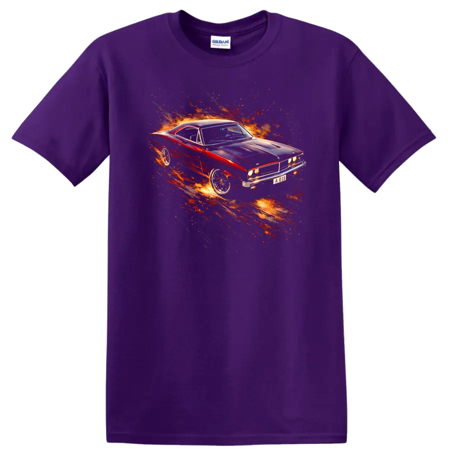 1969 Dodge Charger car with fiery graphic print on a T shirt on a Purple T Shirt