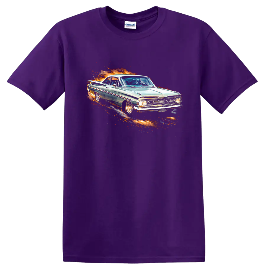 1961 Chevrolet Impala classic car with flame-style graphic print on a Purple T Shirt