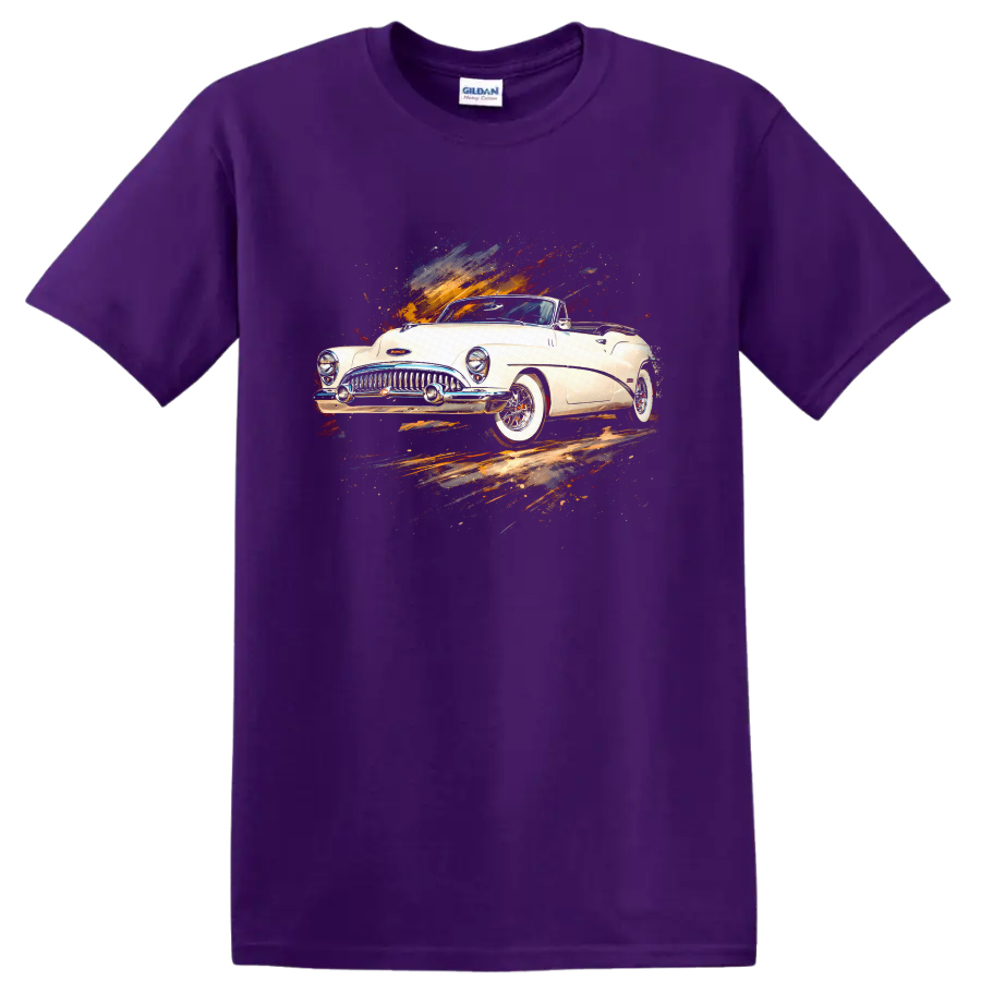 1953 Buick Skylark Convertible classic car graphic print T shirt on a Purple T Shirt