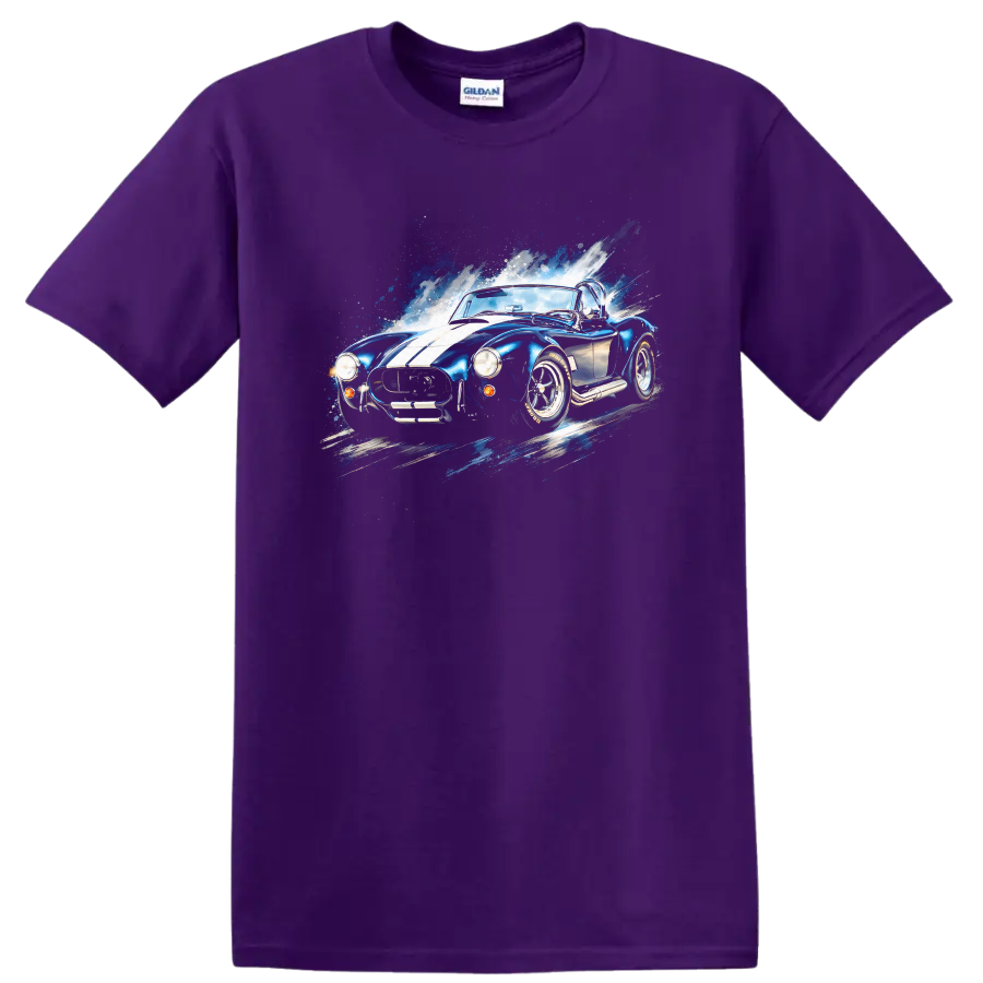 Blue Shelby Cobra old car graphic print with white stripes and splash effect on a Purple T Shirt