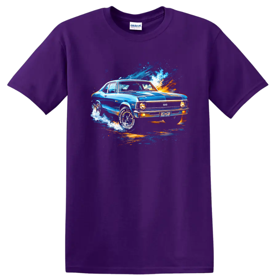 Blue 1970 Chevrolet Nova SS classic car graphic T shirt with splash effects on a Purple T Shirt