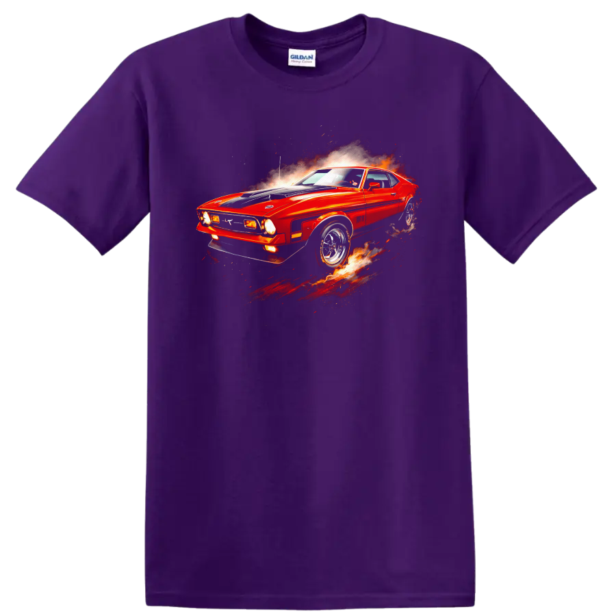 Red Ford Mustang Mach 1 with flames and motion effects graphic print T shirt on a Purple T Shirt