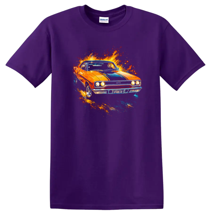 Orange Plymouth GTX classic car with blue stripes and paint splash graphic on T shirt on a Purple T Shirt