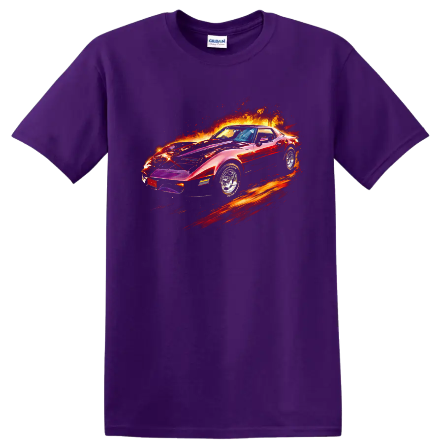 Chevrolet Corvette Stingray classic car with fiery graphic print on T shirt on a Purple T Shirt