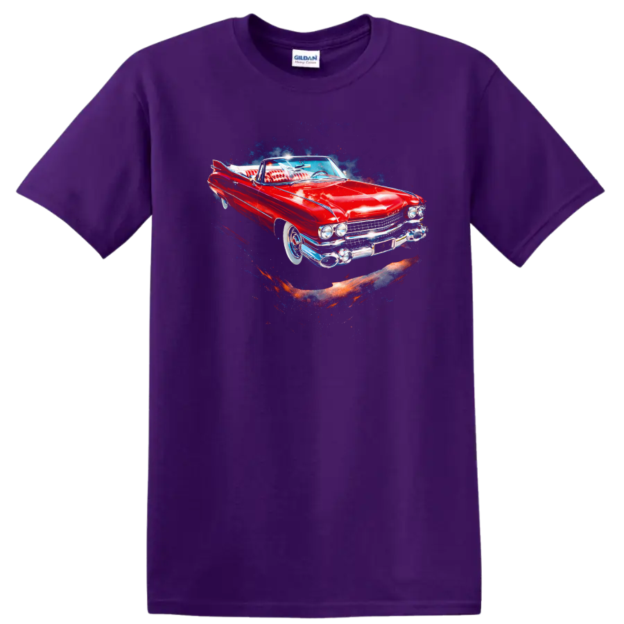 Red 1959 Cadillac Eldorado classic car graphic print T shirt on a Purple T Shirt
