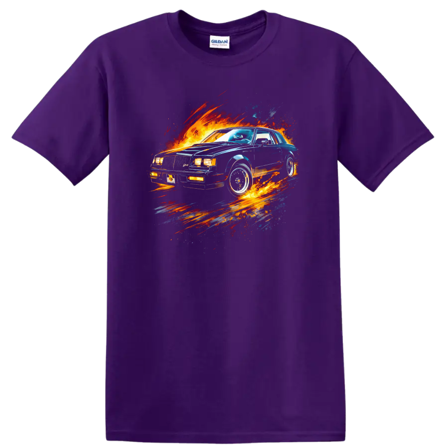 Buick Grand National old car with fiery graphic print T shirt on a Purple T Shirt