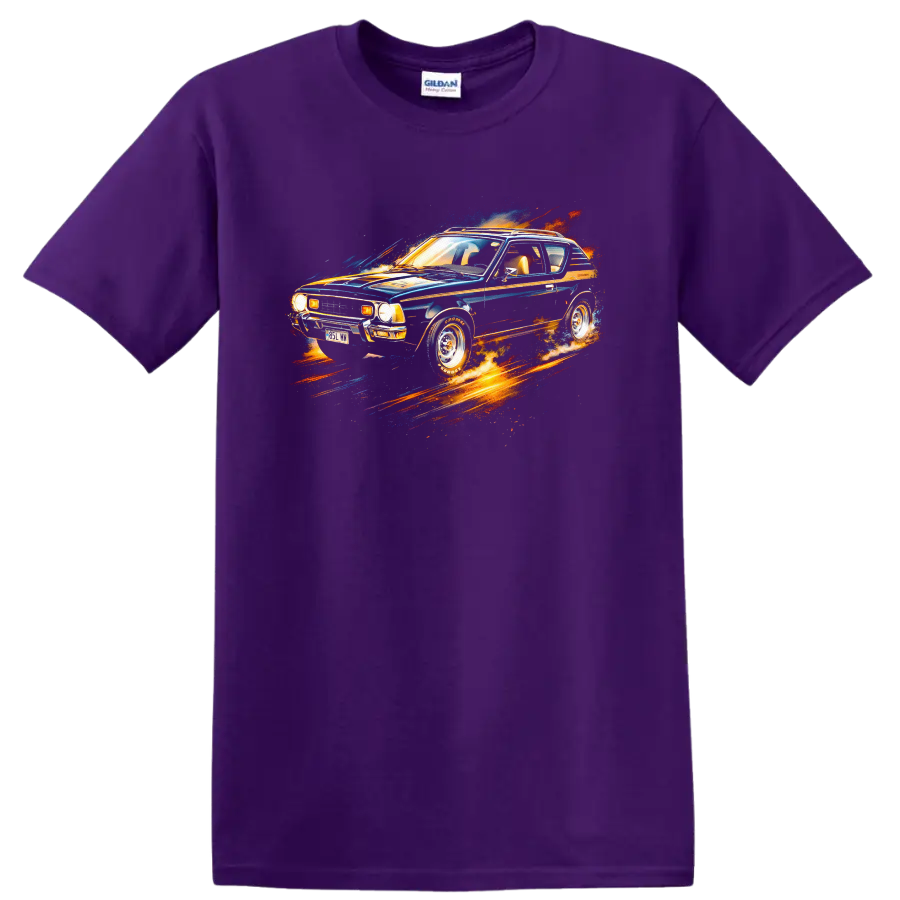 Colorful AMC Gremlin old car graphic print T-shirt with retro automotive splash design on a Purple T Shirt