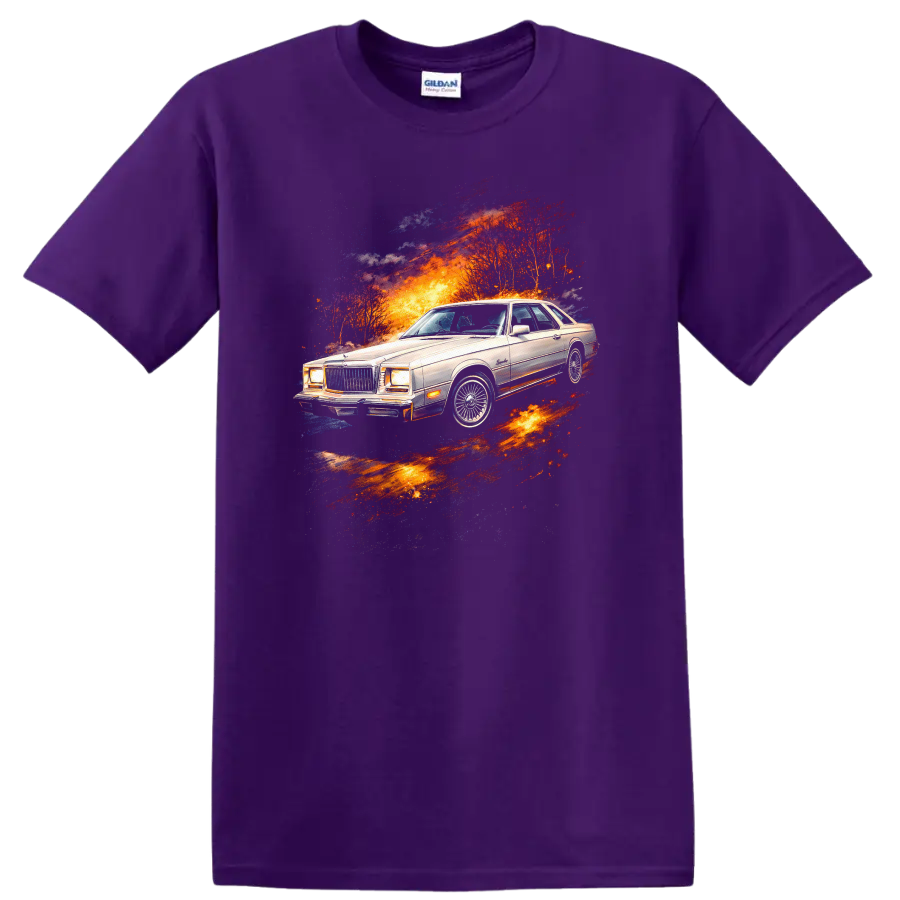 Chrysler Cordoba classic car graphic print with fiery retro energy burst on a Purple T Shirt