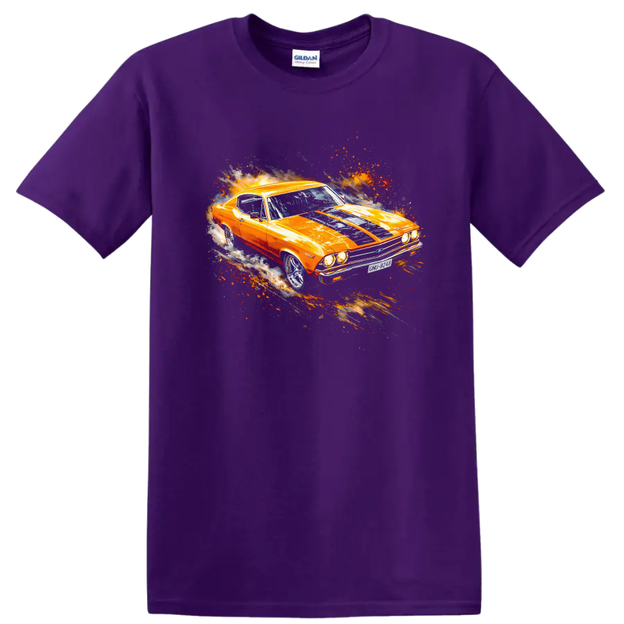 Orange 1969 Chevelle SS 396 muscle car graphic print with motion effects on T shirt on a Purple T Shirt