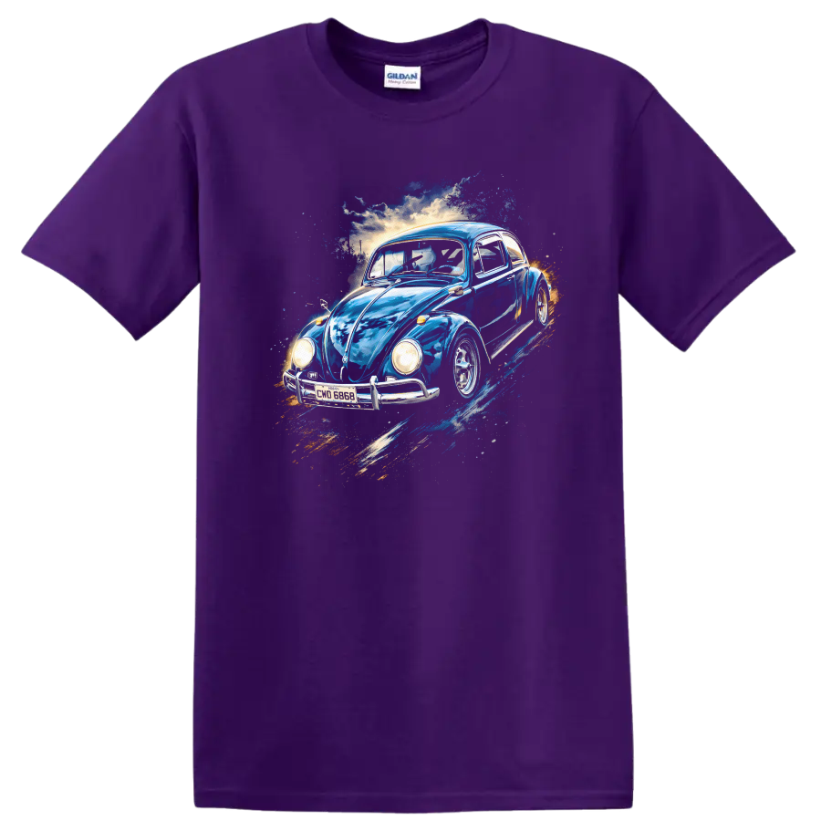 Blue Volkswagen Beetle vintage car graphic print T shirt on a Purple T Shirt