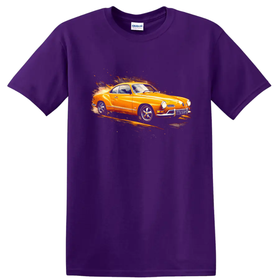 Orange Volkswagen Karmann Ghia classic car with fiery motion graphic on black background on a Purple T Shirt