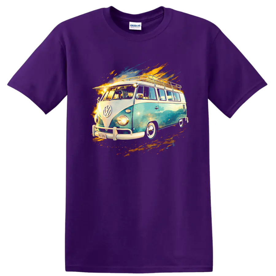 Volkswagen T1 camper van graphic print with colorful splash effects on a T shirt on a Purple T Shirt