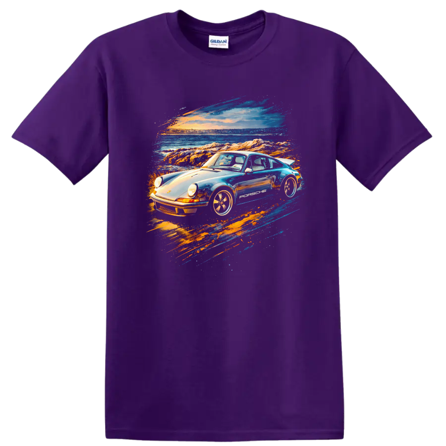 Pop art Porsche-style old car by the ocean at sunset, graphic print T shirt on a Purple T Shirt