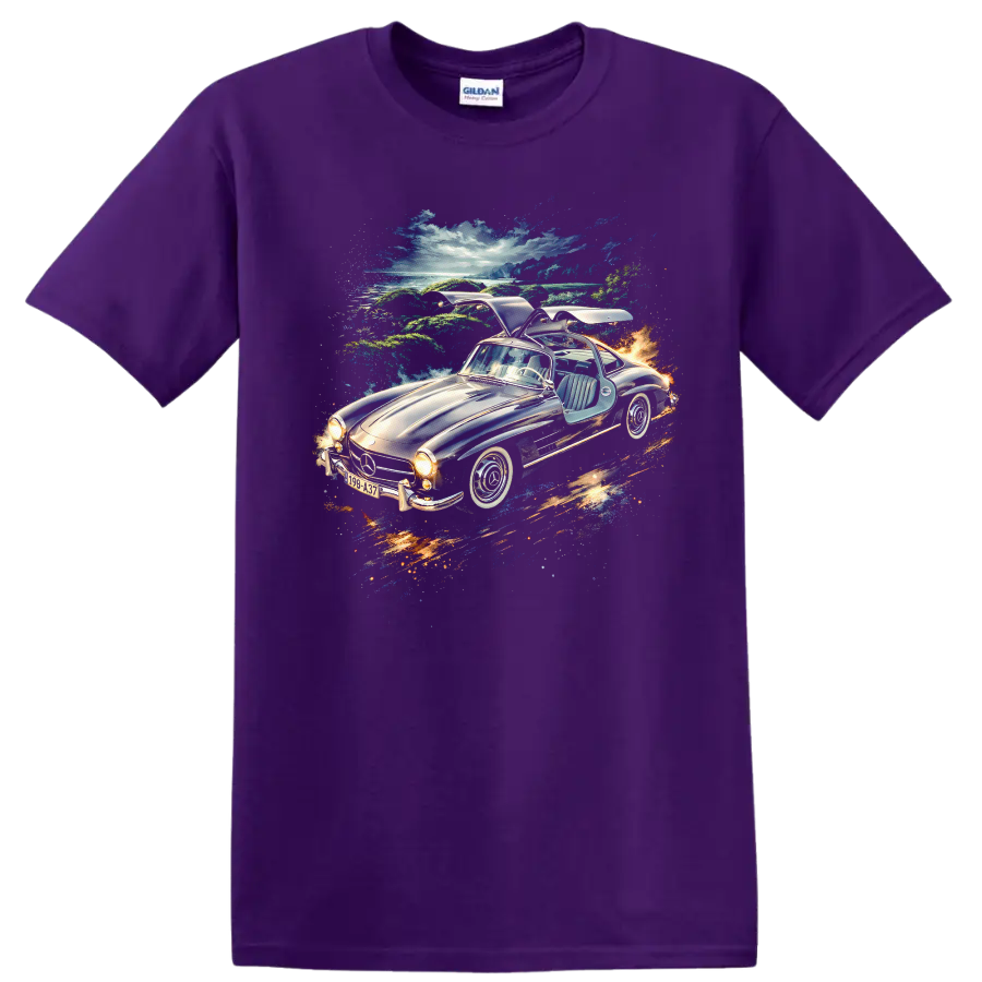 1954 Mercedes-Benz 300 SL Gullwing car artwork with scenic background on a T shirt on a Purple T Shirt