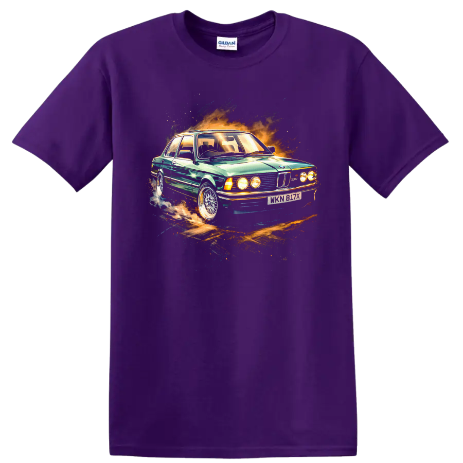 BMW E21 Alpina green classic car graphic print T shirt on a Purple T Shirt