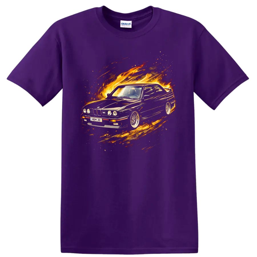 BMW E30 M3 car surrounded by flames and motion streaks graphic T-shirt on a Purple T Shirt