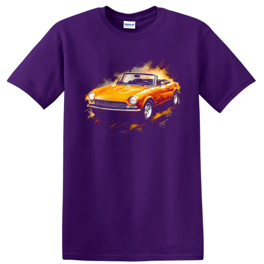 Orange Fiat 124 Sport Spider convertible with splash-style graphic print T shirt on a Purple T Shirt