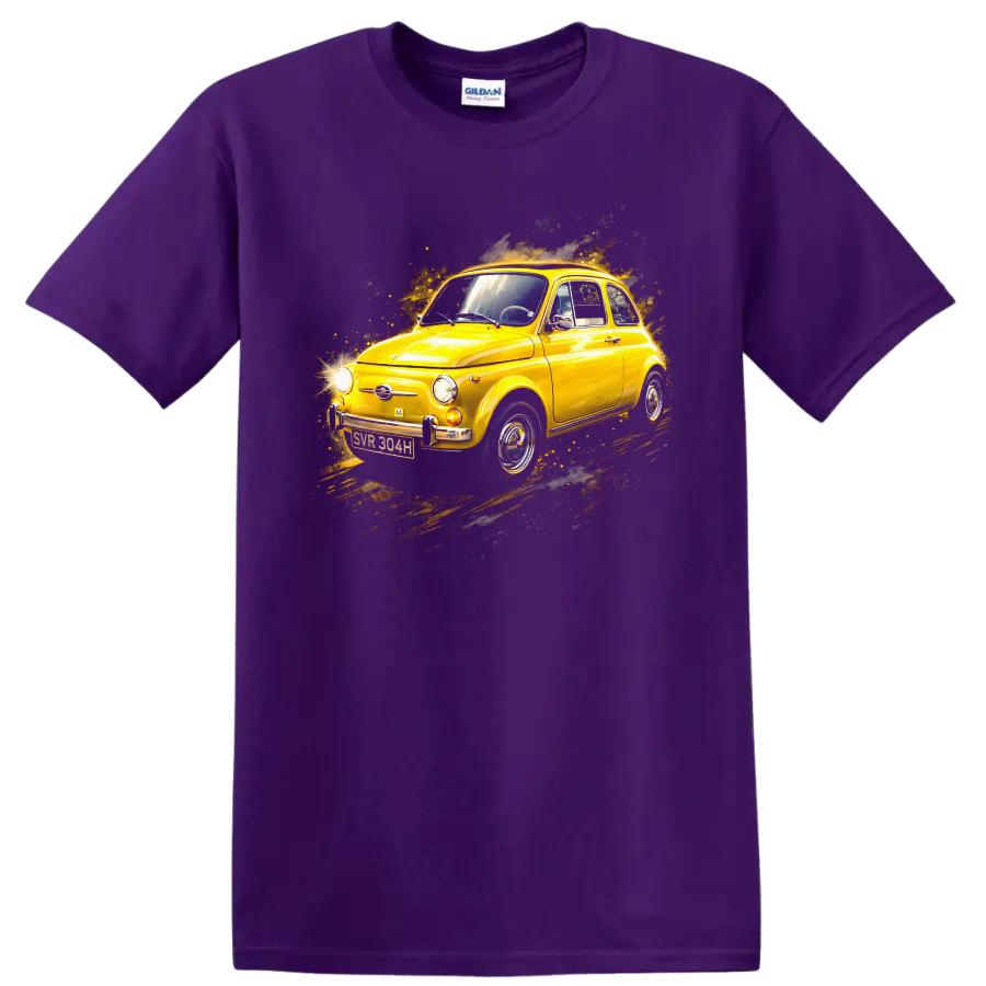 Yellow Fiat 500 classic car with retro splash graphic print T shirt on a Purple T Shirt