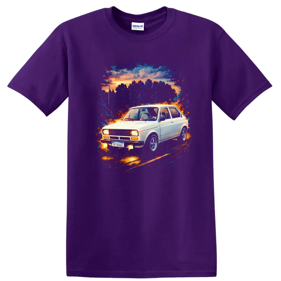 Fiat 147 old car graphic print with sunset and splatter artwork on a T shirt on a Purple T Shirt