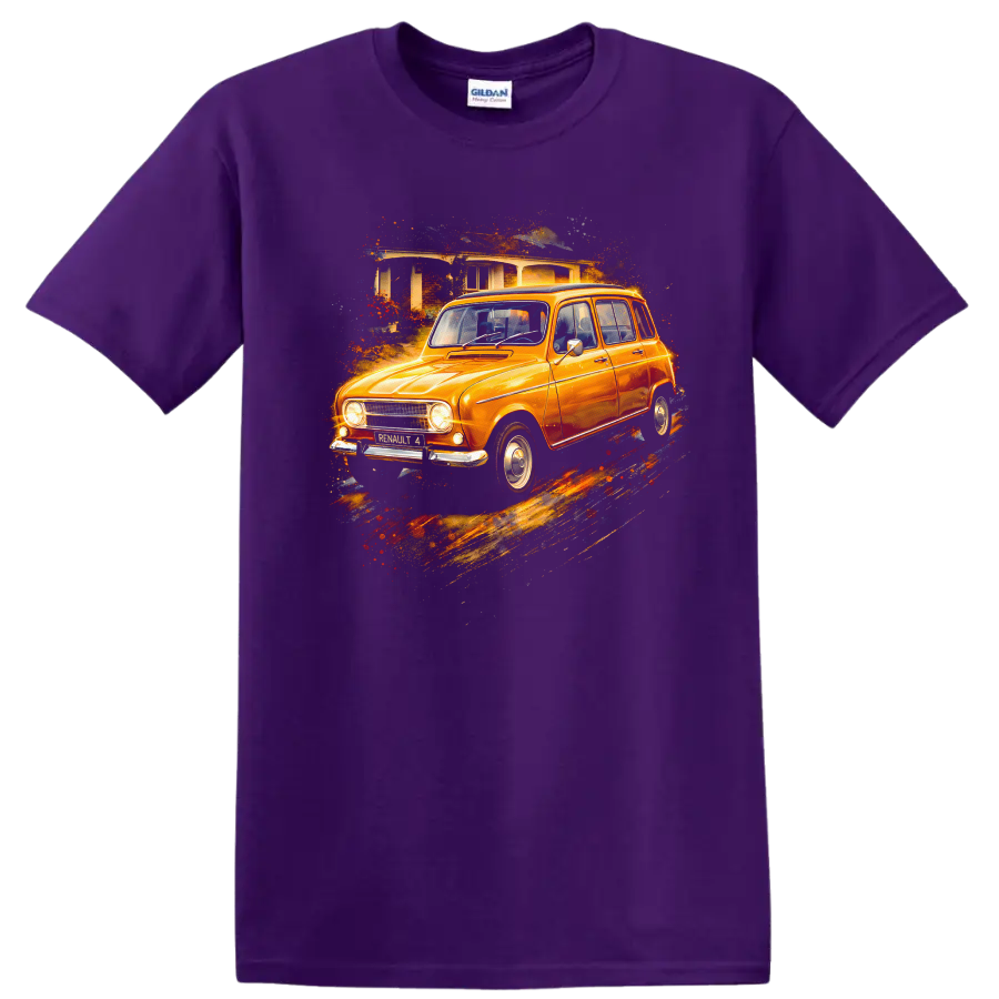 Orange Renault 4 classic car graphic print with painterly splash effect on a Purple T Shirt