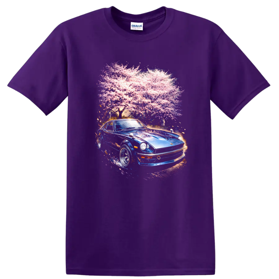 Blue Datsun 240Z under pink cherry blossoms graphic print T Shirt on a Purple T Shirt