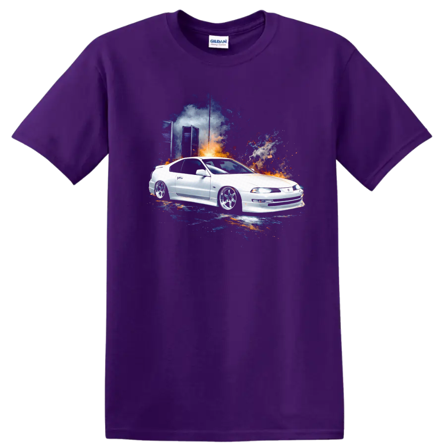 White Honda Prelude with colorful smoke graphic print T shirt on a Purple T Shirt