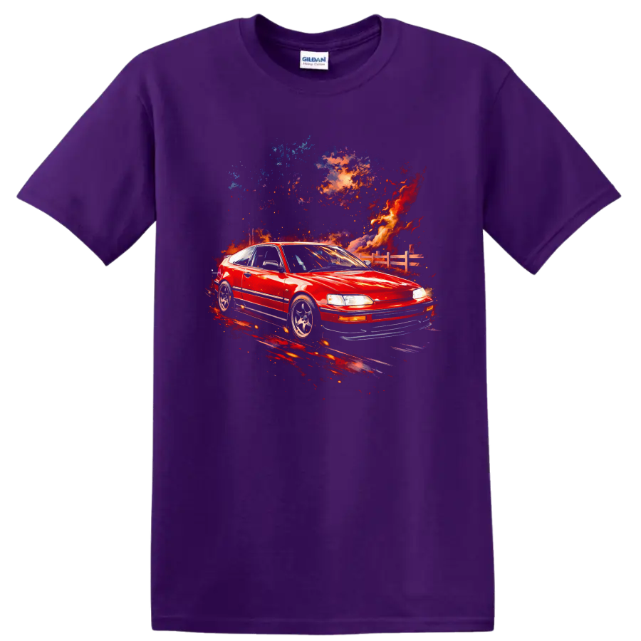 Red Honda CRX VTEC with colorful abstract flames graphic on black T shirt on a Purple T Shirt
