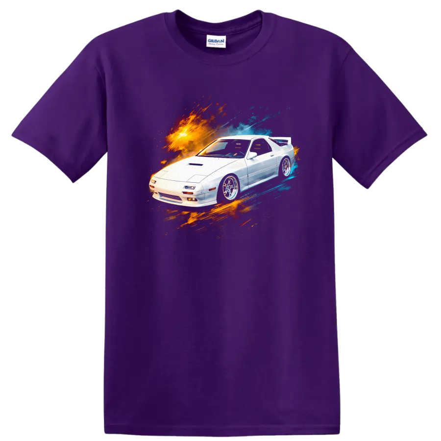 White Mazda RX-7 FC3S with orange and blue paint burst graphic on black on a Purple T Shirt