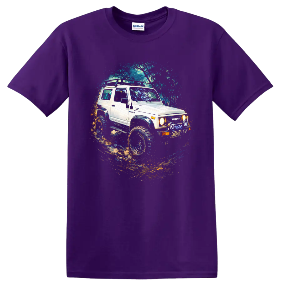 1992 Suzuki Jimny lifted off road SUV graphic print T shirt on a Purple T Shirt