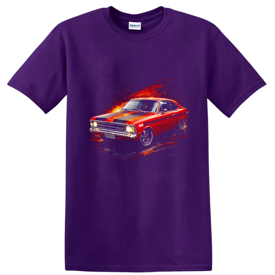Red Chevrolet Opala SS classic car graphic print T shirt on a Purple T Shirt
