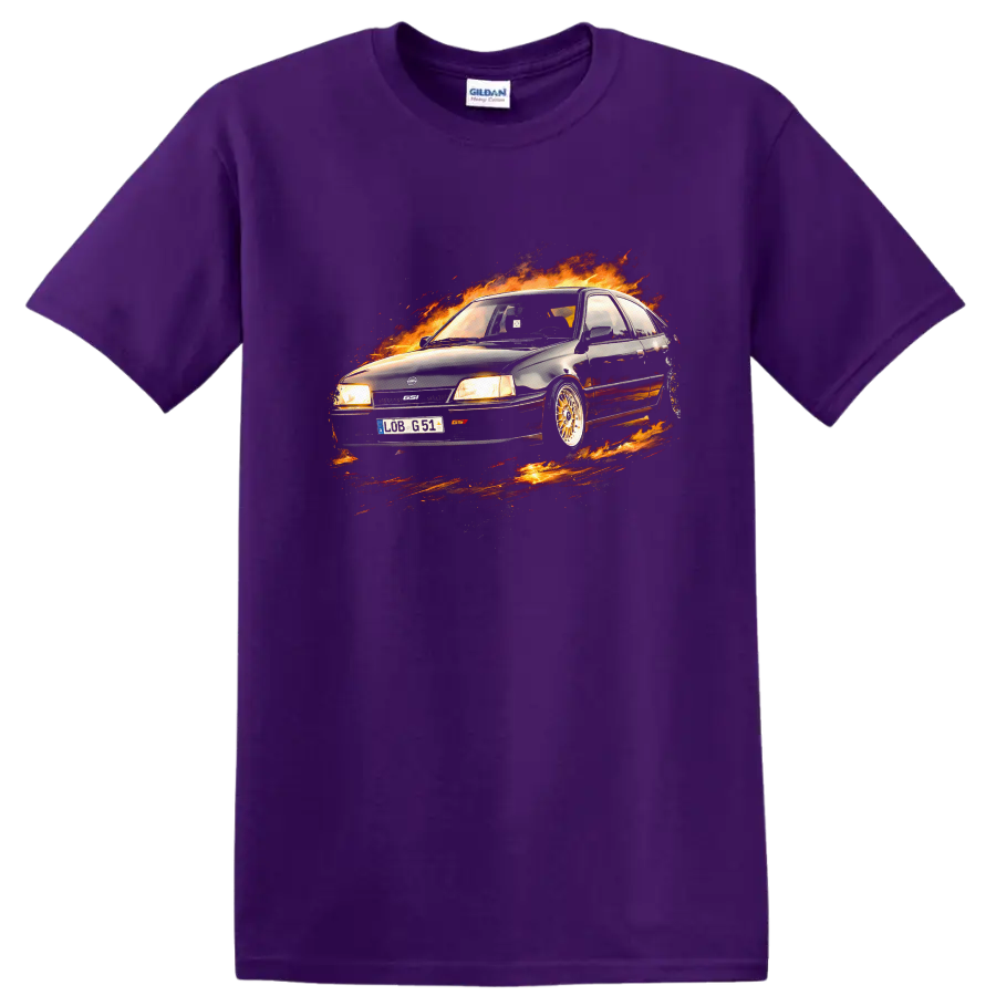 Opel Kadett E GSi car surrounded by flames graphic on T shirt on a Purple T Shirt