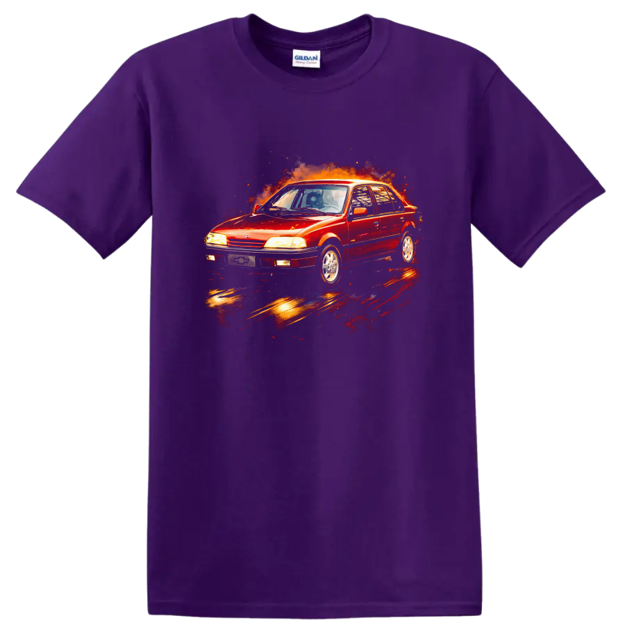 Red Chevrolet Monza old car graphic with fiery burst on a T shirt on a Purple T Shirt